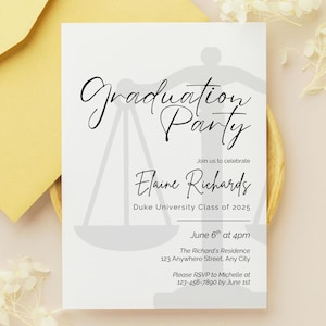 Plantilla digital de invitación de graduación de la facultad de derecho, invitación editable para la fiesta de graduación de la clase de 2025, fiesta de graduación de derecho para futuros abogados.