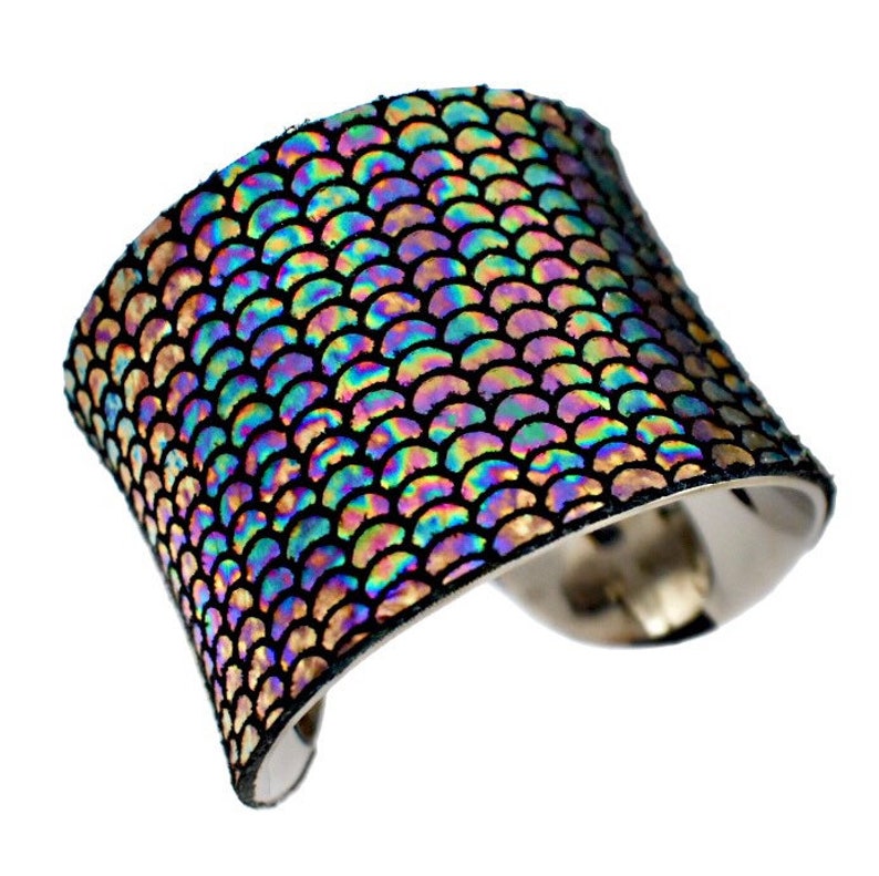 Iridescent Metallic Fish Scale Print Leather Cuff Bracelet by UNEARTHED image 3