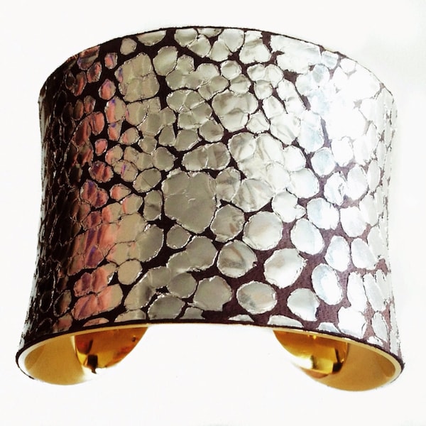 Metallic Silver Dragon Scale Print Leather Gold Lined Cuff - by UNEARTHED