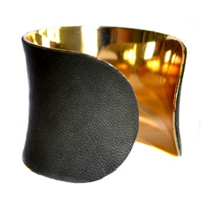 Dark Asphalt Grey Lambskin Leather Gold Cuff Bracelet by UNEARTHED image 3