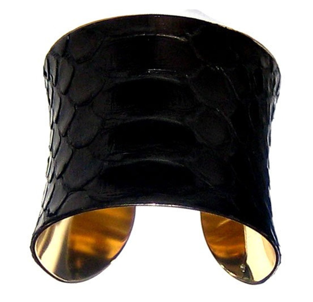 Glossy Black Snakeskin Gold Lined Cuff Bracelet by UNEARTHED Etsy