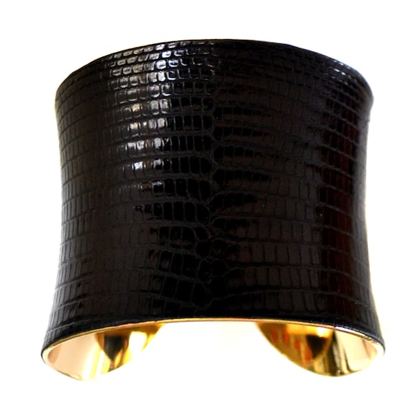 Black Lizard Leather Metal Cuff Bracelet - by UNEARTHED