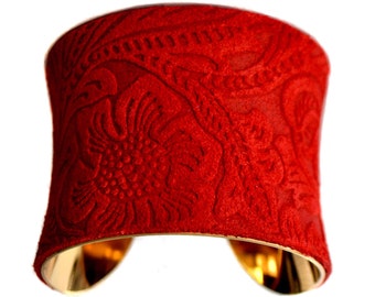 Bright Red Embossed Floral Suede Cuff Bracelet  in Gold - by UNEARTHED