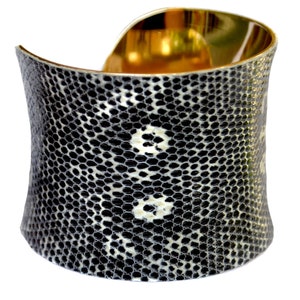 Black and White Spotted Lizard Leather Gold Lined Cuff Bracelet by UNEARTHED image 2