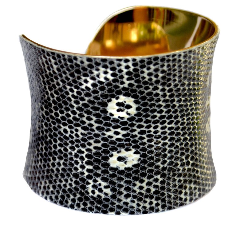 Black and White Spotted Lizard Leather Gold Lined Cuff Bracelet by UNEARTHED image 2