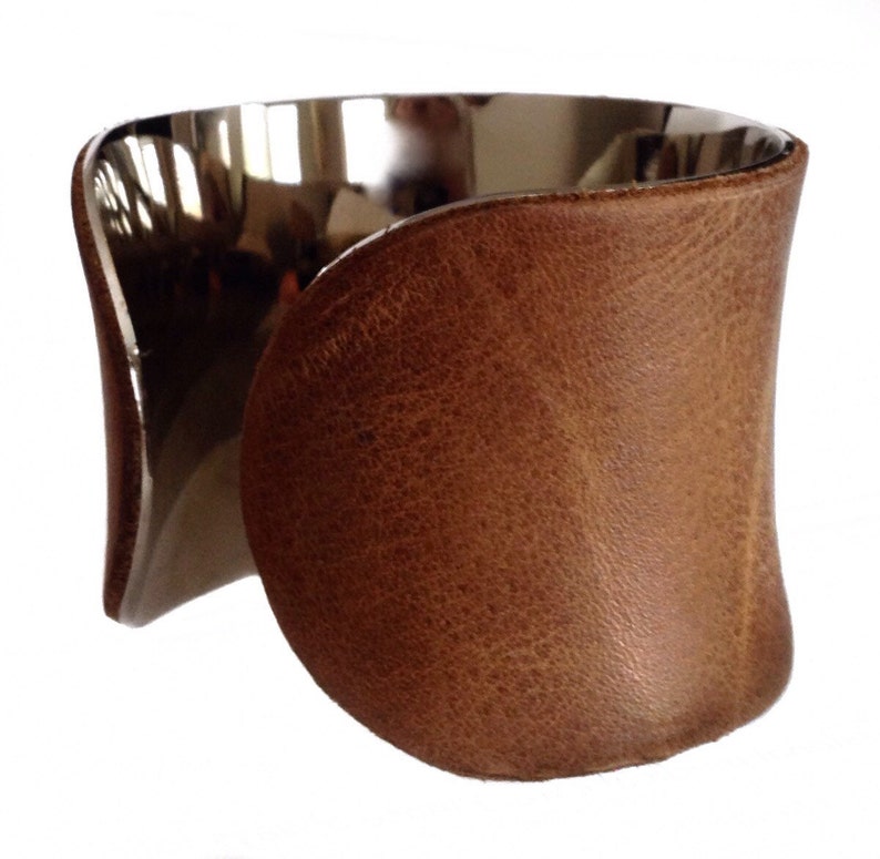 Mocha Brown Distressed Leather Silver Lined Cuff Bracelet by UNEARTHED image 5