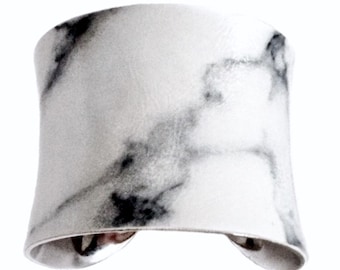 Black and White Marbled VEGAN Patent Leather Silver Lined Cuff - by UNEARTHED