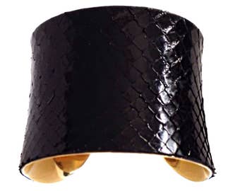 Glossy Black Small Scale Snakeskin Gold Lined Cuff Bracelet - by UNEARTHED