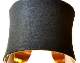 Dark Asphalt Grey Lambskin Leather Gold Cuff Bracelet - by UNEARTHED