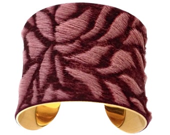 Burgundy Floral Laser Etched Leather Gold Cuff Bracelet - by UNEARTHED