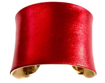 Bright Red Metallic Leather Gold Lined Metal Cuff Bracelet - by UNEARTHED