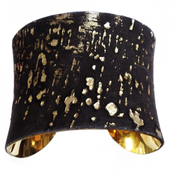 Gold Embossed Black Cork Finish Leather Cuff Bracelet - by UNEARTHED