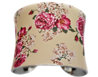 Cream and Pink Rose Print Floral VEGAN Leather Cuff Bracelet - by UNEARTHED