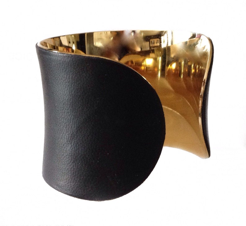 Black Lambskin Leather Gold Lined Cuff Bracelet by UNEARTHED image 4