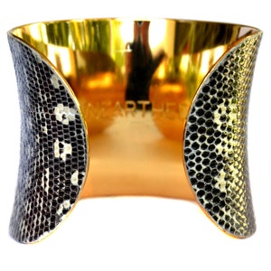 Black and White Spotted Lizard Leather Gold Lined Cuff Bracelet by UNEARTHED image 3