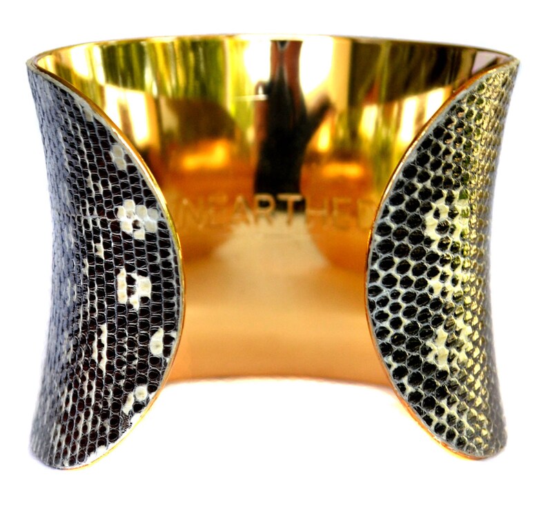 Black and White Spotted Lizard Leather Gold Lined Cuff Bracelet by UNEARTHED image 3