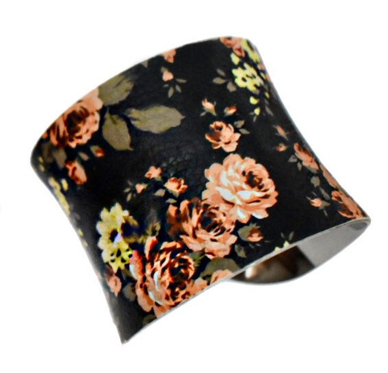 Black Floral Rose Print VEGAN Leather Cuff Bracelet by UNEARTHED image 8