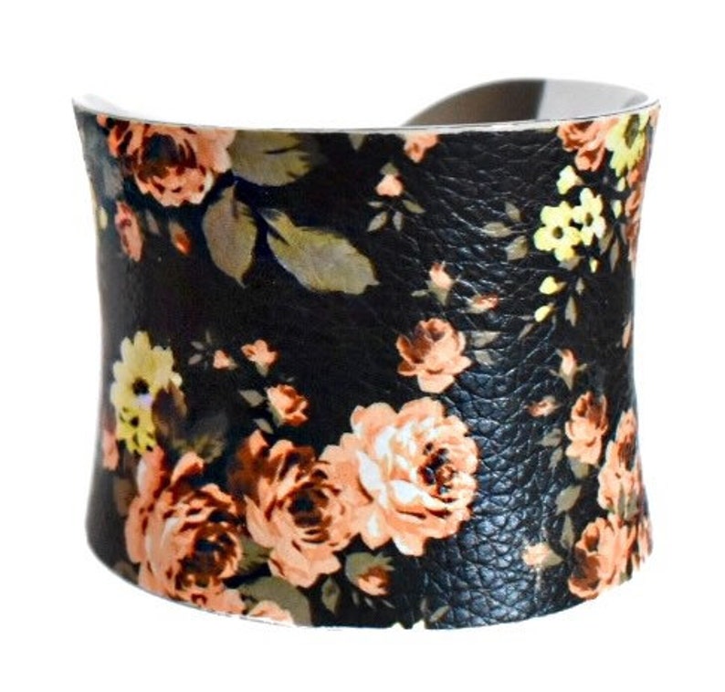 Black Floral Rose Print VEGAN Leather Cuff Bracelet by UNEARTHED image 10