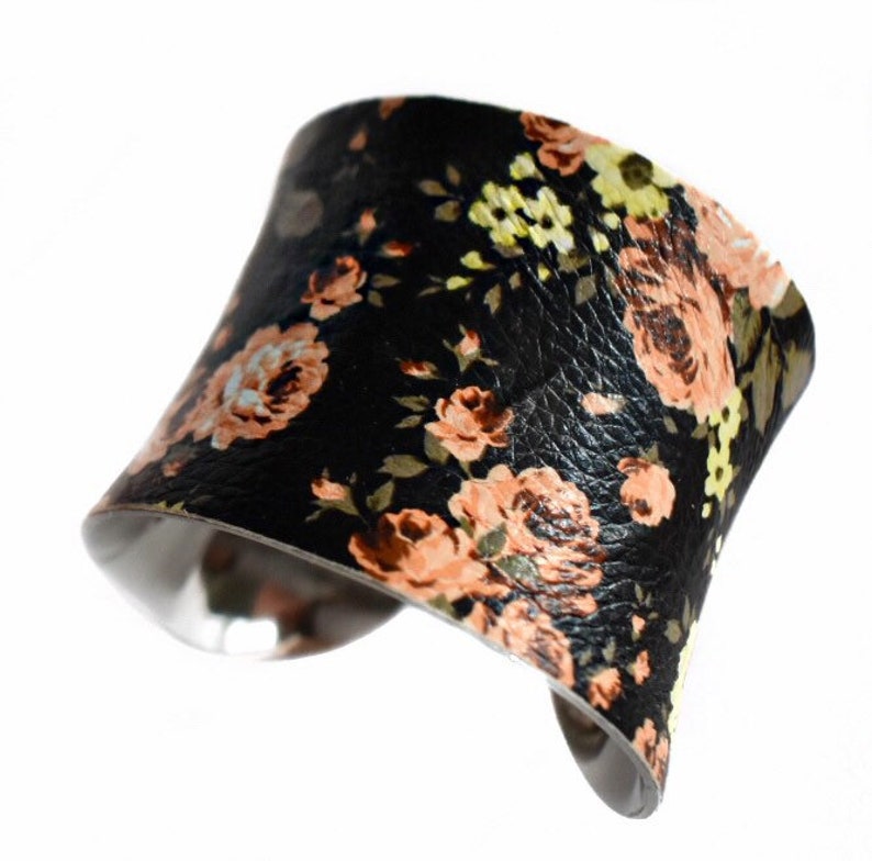 Black Floral Rose Print VEGAN Leather Cuff Bracelet by UNEARTHED image 4