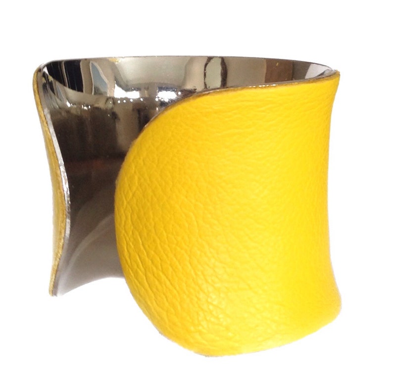 Bright Yellow Leather Silver Lined Cuff Bracelet by UNEARTHED image 4