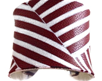 Leather Cuff Bracelet in Dark Red and White Candy Stripe - by UNEARTHED