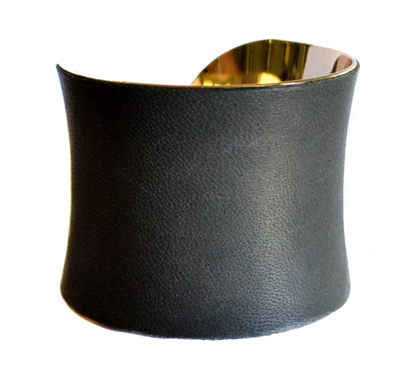 Dark Asphalt Grey Lambskin Leather Gold Cuff Bracelet by UNEARTHED image 2