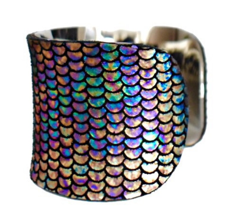 Iridescent Metallic Fish Scale Print Leather Cuff Bracelet by UNEARTHED image 6