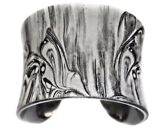 Black and White Marbled Leather Silver Lined Cuff - by UNEARTHED