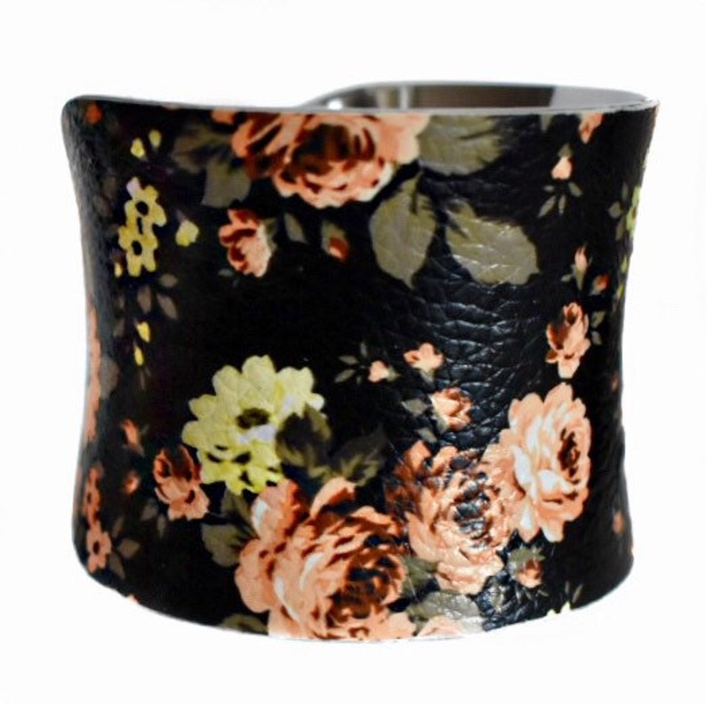 Black Floral Rose Print VEGAN Leather Cuff Bracelet by UNEARTHED image 6