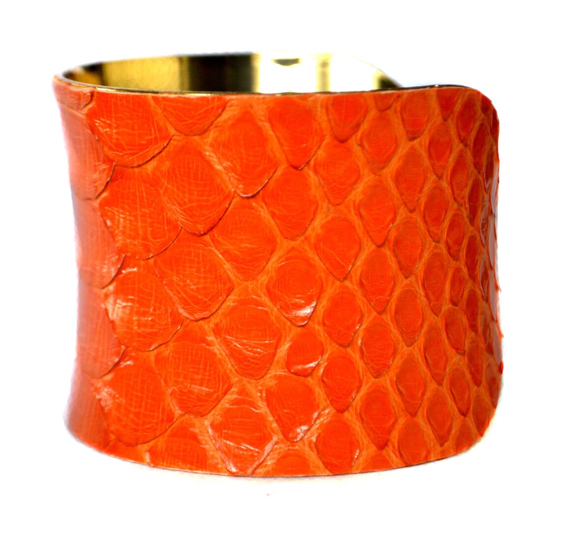 Tangerine Orange Snakeskin Gold Lined Cuff Bracelet by | Etsy