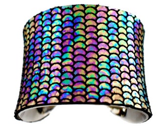 Iridescent Metallic Fish Scale Print Leather Cuff Bracelet - by UNEARTHED