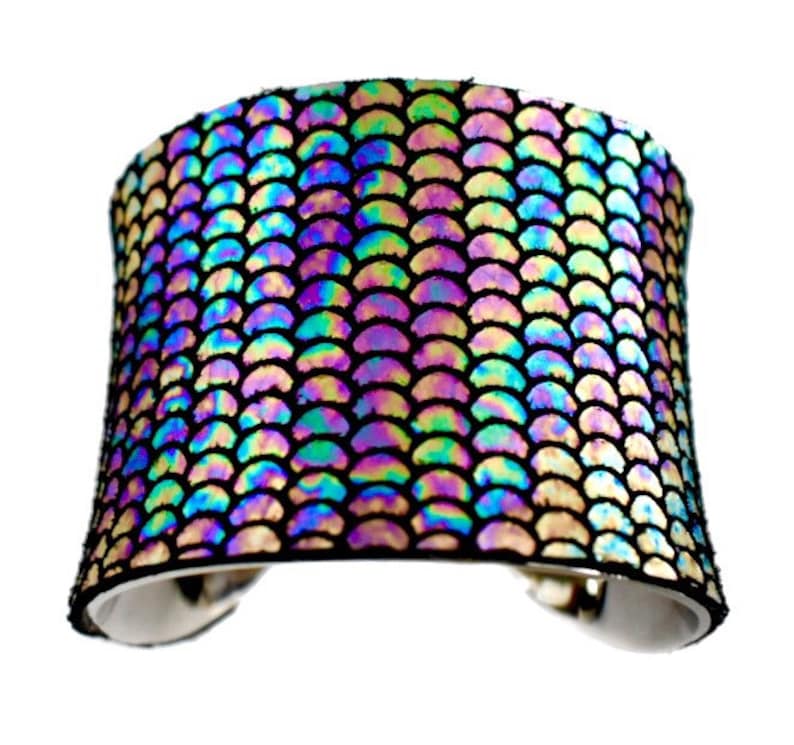 Iridescent Metallic Fish Scale Print Leather Cuff Bracelet by UNEARTHED image 1