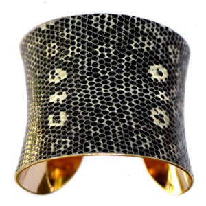 Black and White Spotted Lizard Leather Gold Lined Cuff Bracelet by UNEARTHED image 1