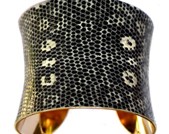 Black and White Spotted Lizard Leather Gold Lined Cuff Bracelet - by UNEARTHED