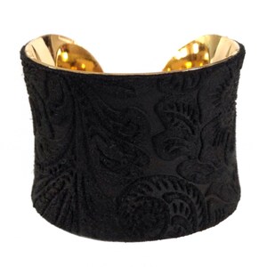 Black Embossed Floral Suede Cuff Bracelet With Gold Metal by - Etsy
