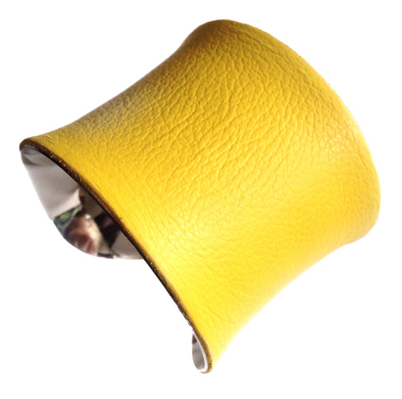 Bright Yellow Leather Silver Lined Cuff Bracelet by Etsy
