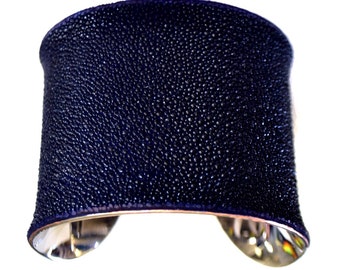 Navy Blue Stingray Silver Lined Cuff Bracelet  - by UNEARTHED