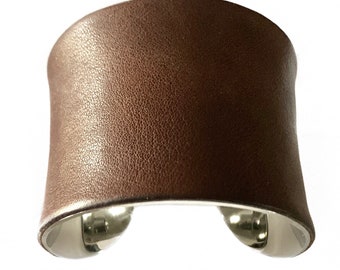 Dark Mocha Brown Distressed Leather Silver Lined Cuff Bracelet - by UNEARTHED