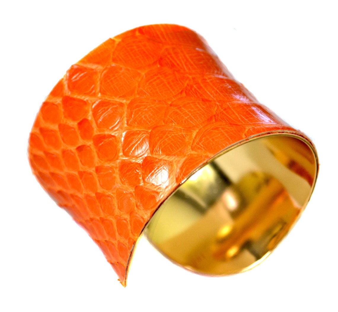 Tangerine Orange Snakeskin Gold Lined Cuff Bracelet by | Etsy