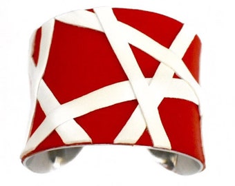 Red and White Caged Leather Cuff Bracelet - by UNEARTHED