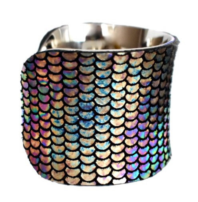 Iridescent Metallic Fish Scale Print Leather Cuff Bracelet by UNEARTHED image 8