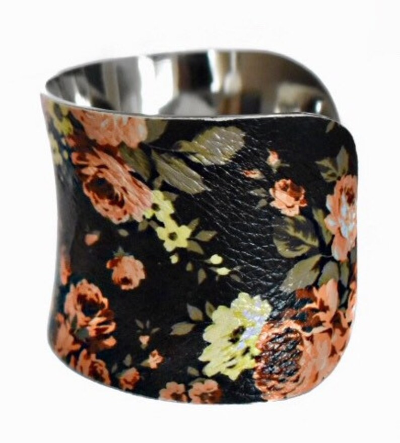 Black Floral Rose Print VEGAN Leather Cuff Bracelet by UNEARTHED image 3