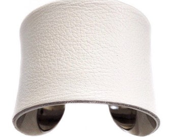 Bright White Leather Silver Lined Cuff Bracelet - by UNEARTHED