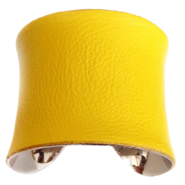 Bright Yellow Leather Silver Lined Cuff Bracelet - by UNEARTHED