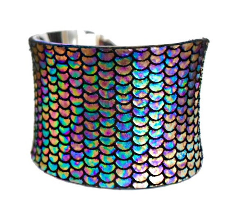 Iridescent Metallic Fish Scale Print Leather Cuff Bracelet by UNEARTHED image 9