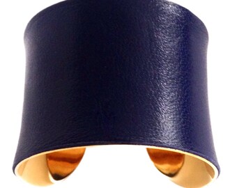 Classic Navy Blue Leather Gold Lined Cuff Bracelet - by UNEARTHED