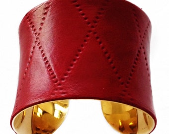 Red Diamond Quilted Leather Cuff Bracelet - by UNEARTHED