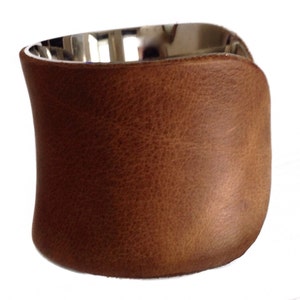 Mocha Brown Distressed Leather Silver Lined Cuff Bracelet by UNEARTHED image 2