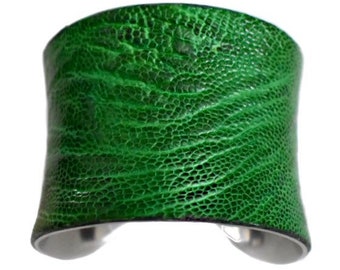 Green Ostrich Leather Silver Cuff Bracelet - by UNEARTHED