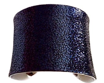 Crushed Metallic Navy Blue Leather Silver Lined Cuff - by UNEARTHED